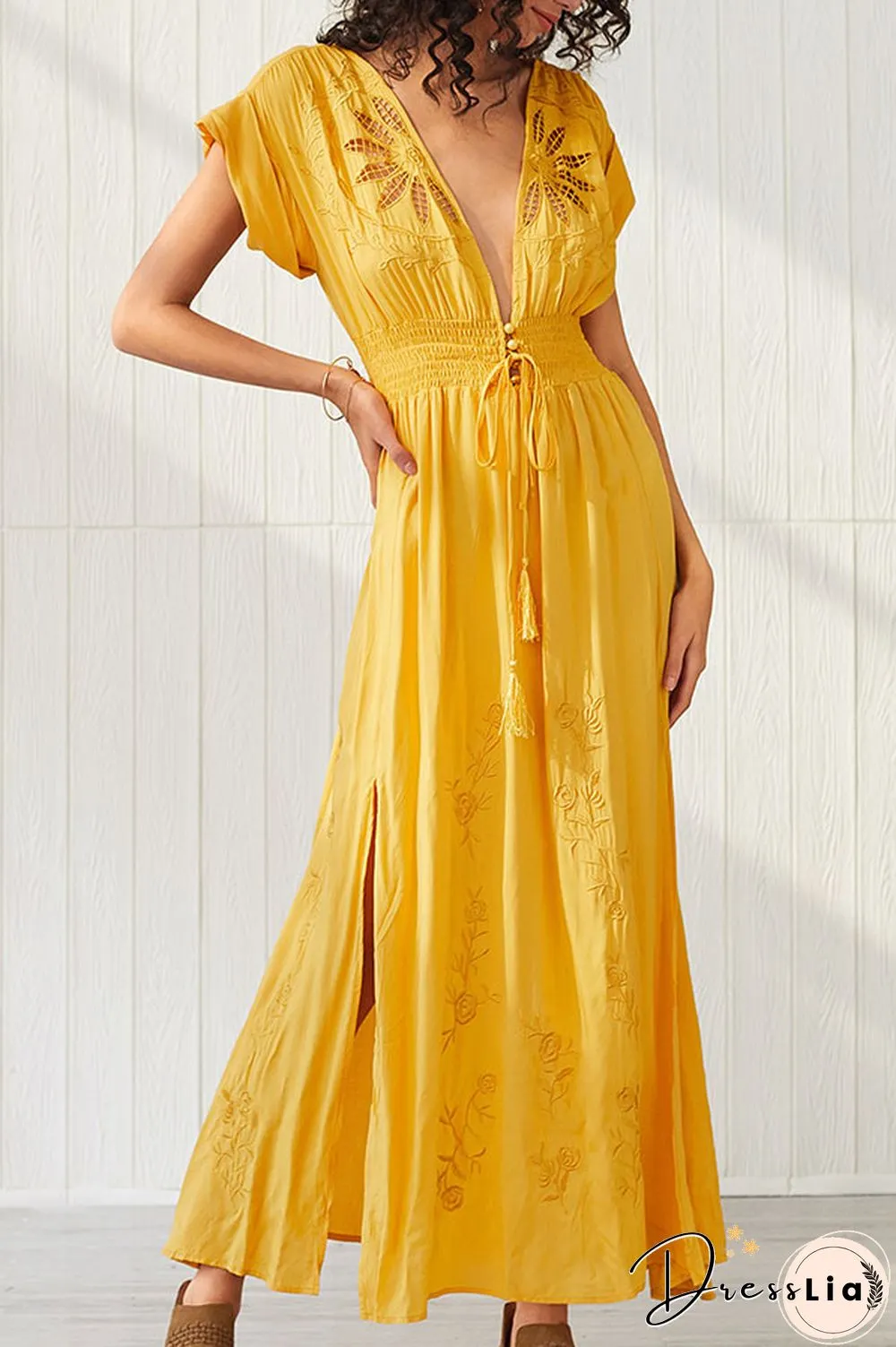 Yellow Slit Embroidered Maxi Dress