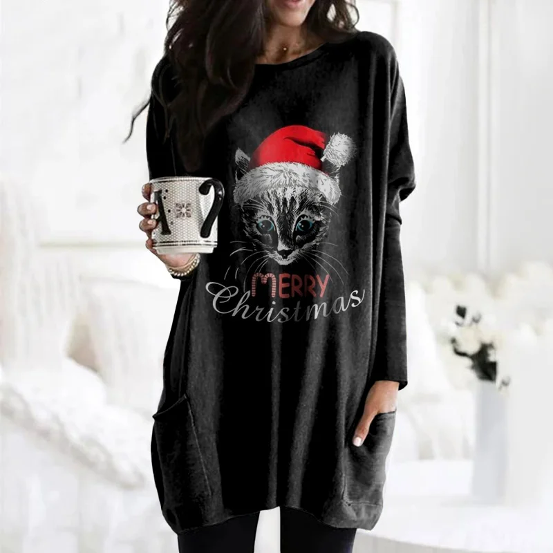 Casual Crew Neck Cat Print Long Sleeve Tunic
