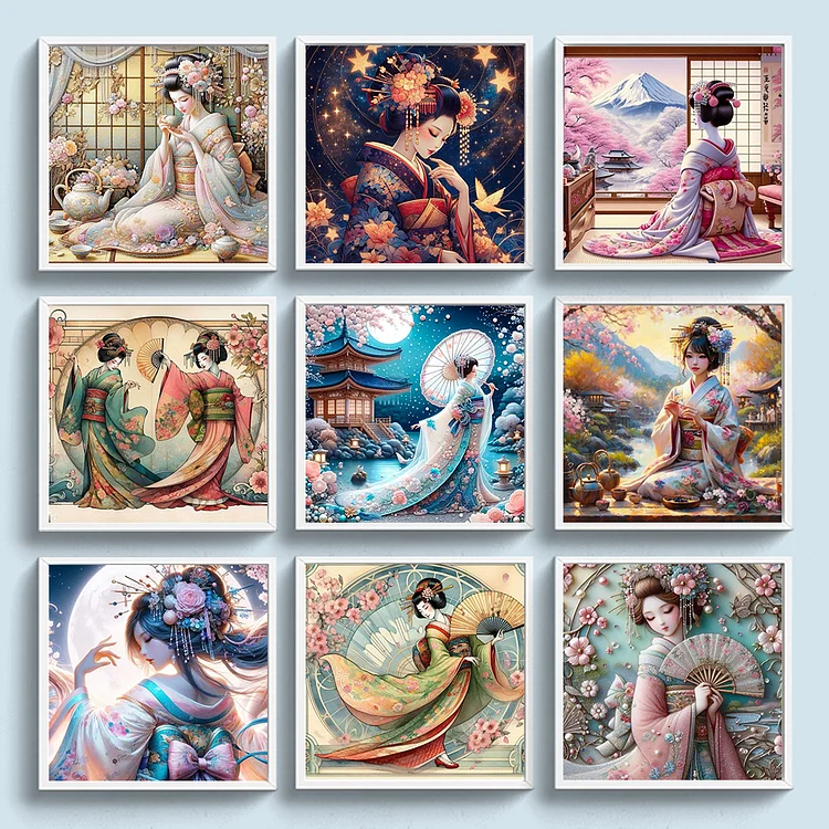 送料無料 いくらから Woman in kimono- 11CT - 3 Strands Threads Printed cross アート・デザイン・音楽