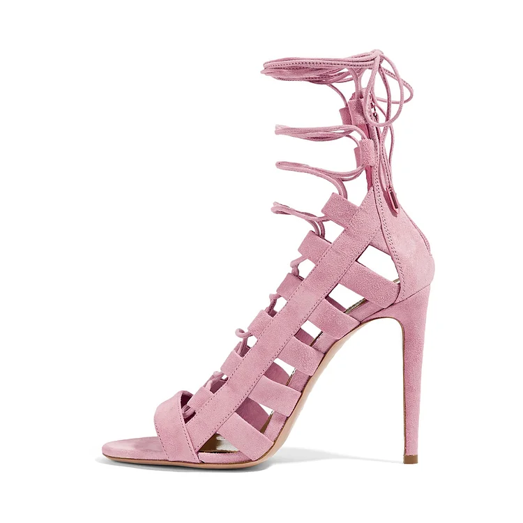 Pink Strappy Sandals Open Toe Hollow out Vegan Suede Stiletto Heels Shoes |FSJ Shoes