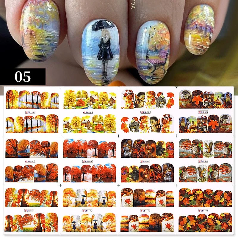 12 Designs Nail Stickers Set Mixed Floral Geometric Nail Art Water Transfer Decals Sliders Flower Leaves Manicures Decoration-Nail Inspo