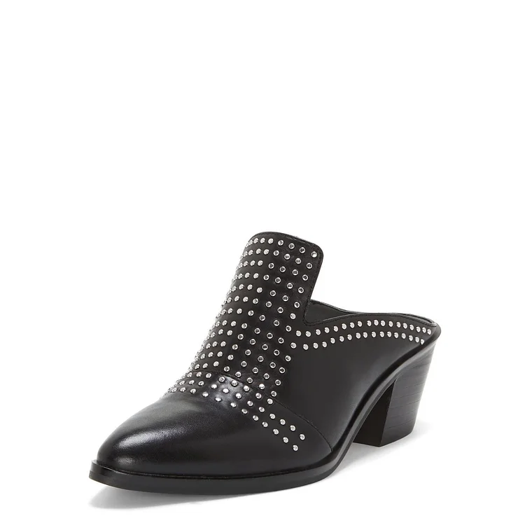 Black Block Heels Almond Toe Studded Mule Loafers for Women |FSJ Shoes
