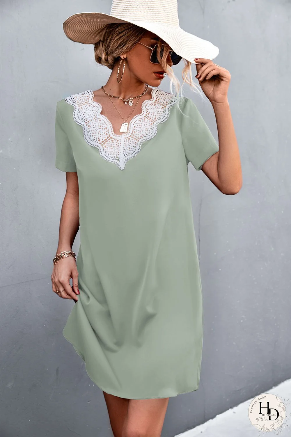 Elegant Sexy Lace Women Summer Dresses New Solid Color V Neck Short Sleeve Slim High Waist A-line Mini Dress For Women