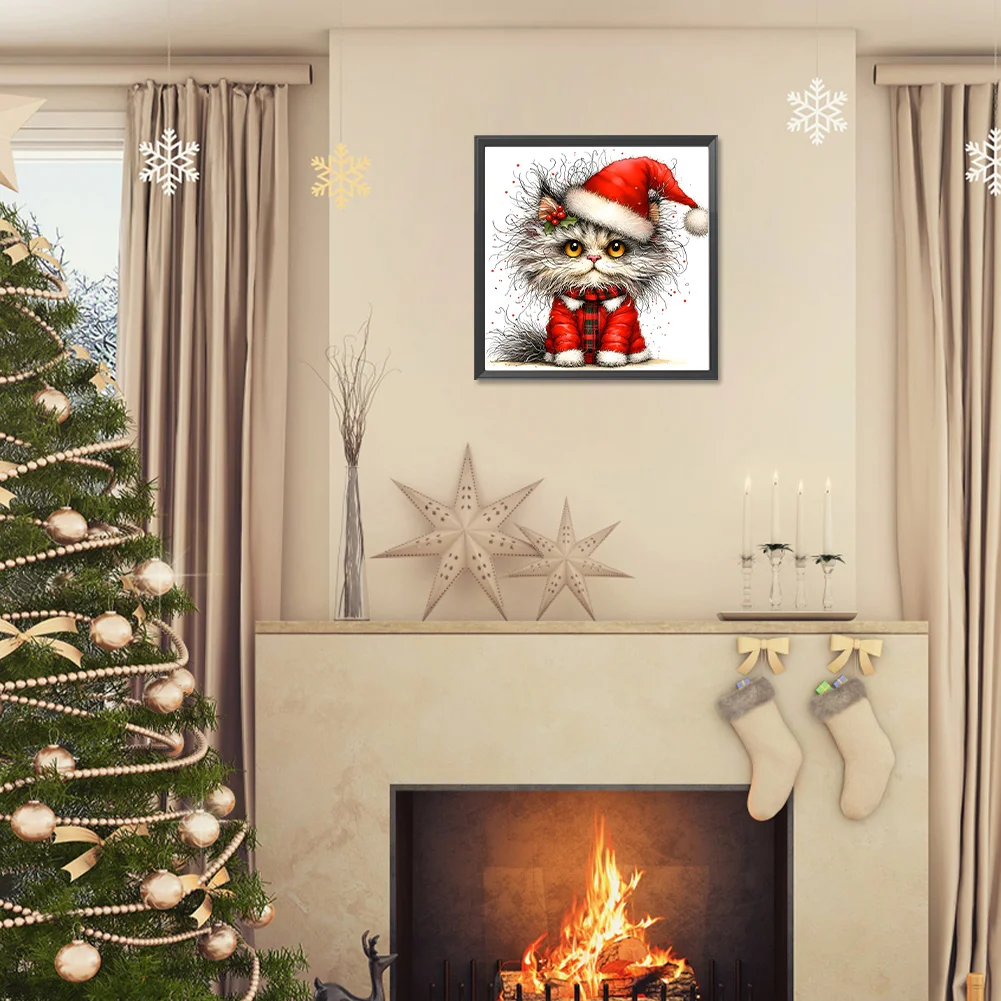 Diamond Painting - Full Round Drill - Xmas Cat(Canvas|30*30cm)