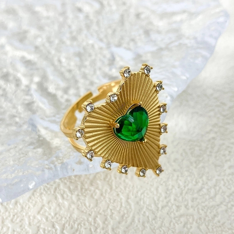 Vacation Roman Style Heart Shape Flower 304 Stainless Steel 14K Gold Plated Natural Stone Zircon Rings In Bulk