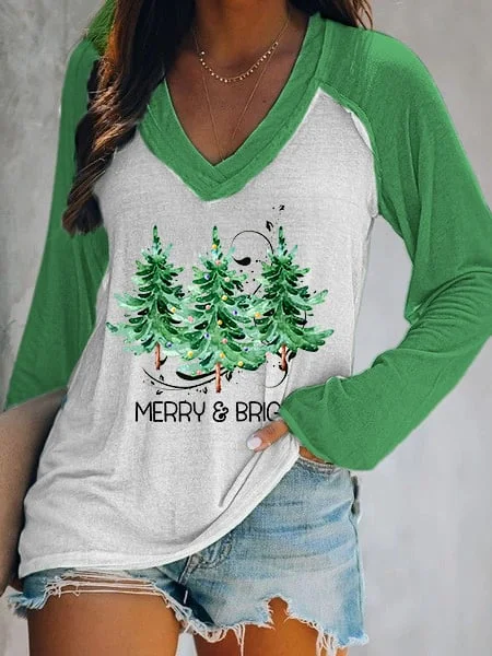Women's Merry And Bright Christmas Tree🎄 Print Casual Long-Sleeve T-Shirt