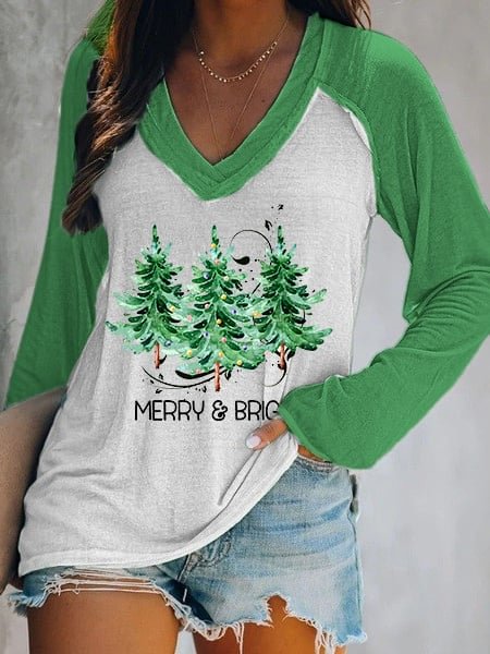 Women's Merry And Bright Christmas Tree🎄 Print Casual Long-Sleeve T-Shirt