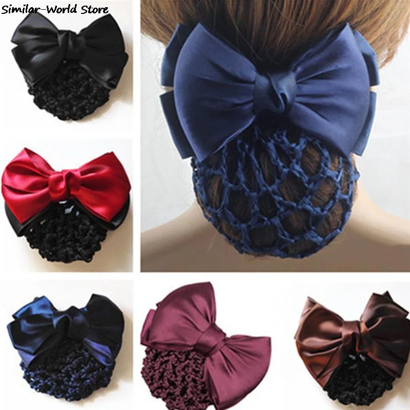 Satin Bow Rhinestone Barrette Lady Hair Clip Cover Bowknot Net Bun Snood