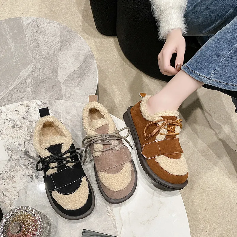 Churchf Churchf Size Thick Cotton Shoes Women 2023 Winter New Flat Women's Shoes Plus Velvet Warm Snow Cotton Brown Wool Shoes Women