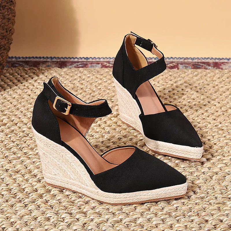 Wongn Wongn Pointed Slope Heel Single Shoes Thick Platform High Heel Hollow Women's Shoes Straw Hemp Rope Bottom Women's Shoes