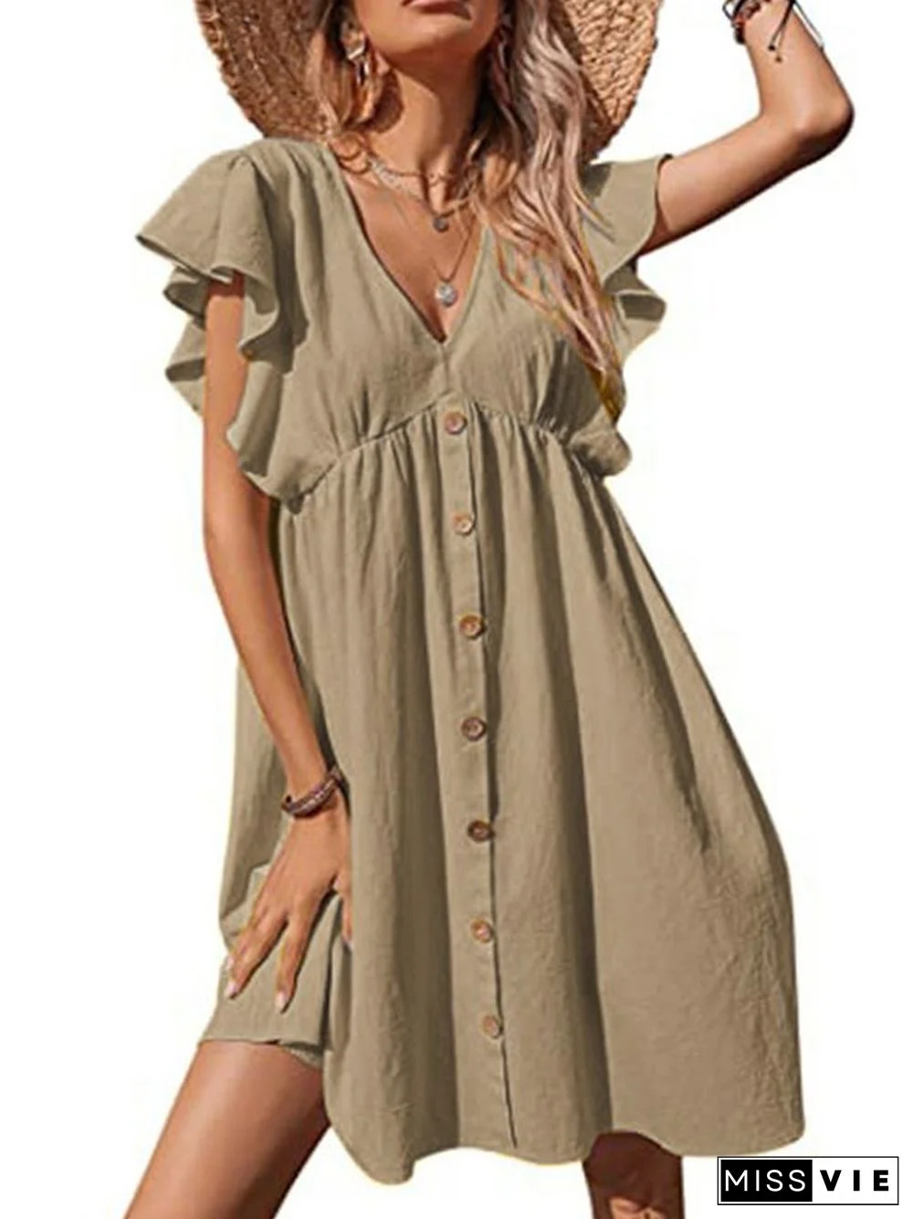 Women's Summer Dress Casual Fold V-Neck Button Fashion Plus Size Dress Linen