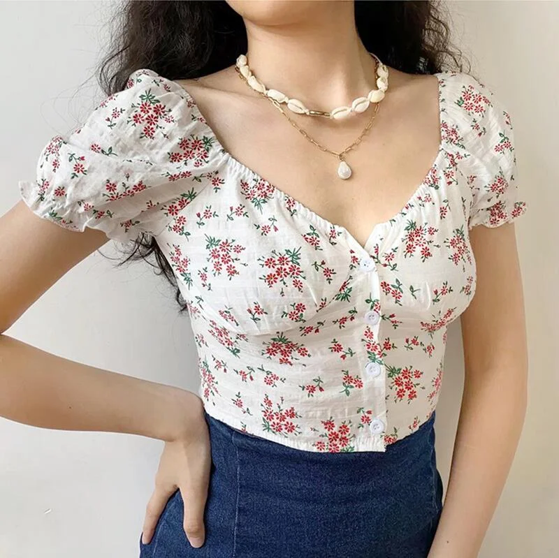 FLORAL PUFF SLEEVE CROP TOP