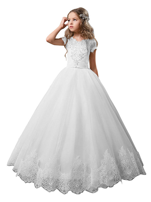 Oknass Short Sleeve Jewel Neck Flower Girl Dresses  Cotton  With Lace Tulle With Lace Crystals Rhinestones