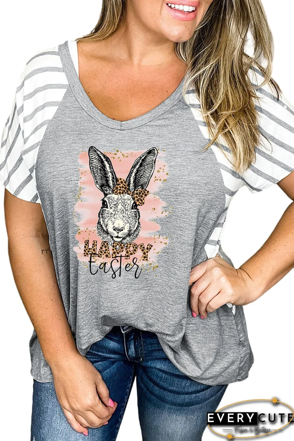 Gray Happy Easter Leopard Bunny Striped Print Plus Size Tee