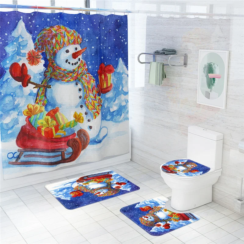Christmas Santa Snowman Bath Mat Waterproof Shower Curtain Carpet Bathroom Four-piece Set - Livereid
