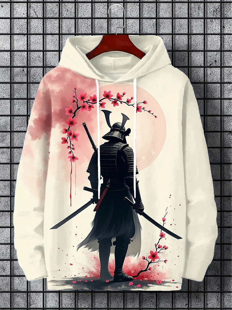 Men's Japanese Floral Samurai Art Print Casual Hoodie