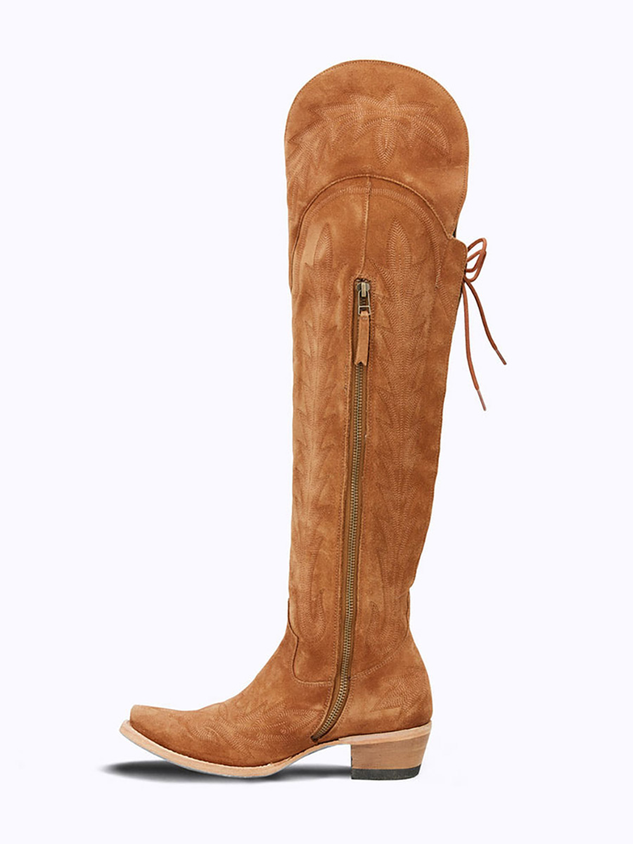 Brown Snip Toe Chunky Heel lace Up Over the Knee-High Cowgirl Boots