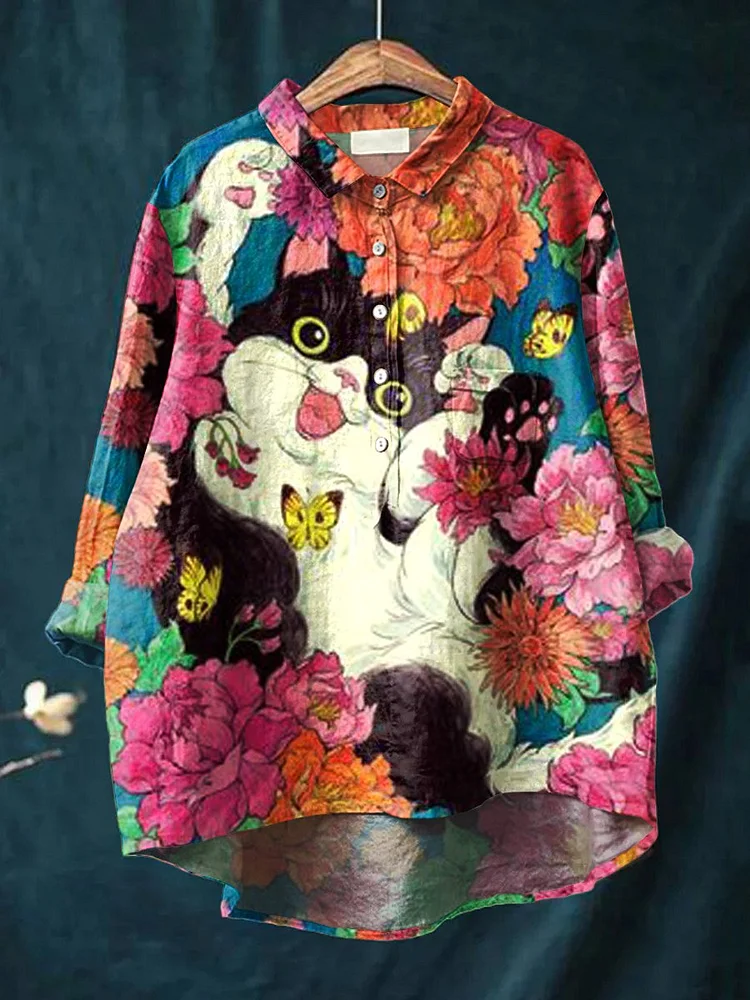 Women's Cat Flower  Art Print Casual Cotton And Linen Shirt