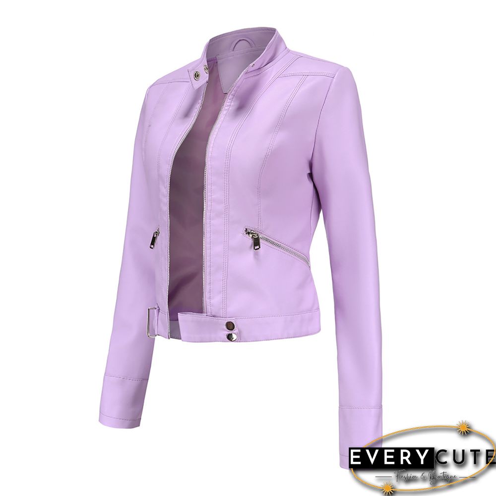 Light Purple PU Stand Collar Short Leather Jacket