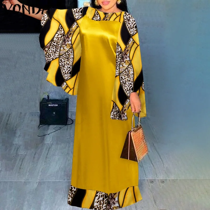 VONDA 2022 Summer Long Maxi Dress Women Baggy O Neck Flare Sleeve Printed Pleated Vestido Vintage Robe Oversize Beach Sundress