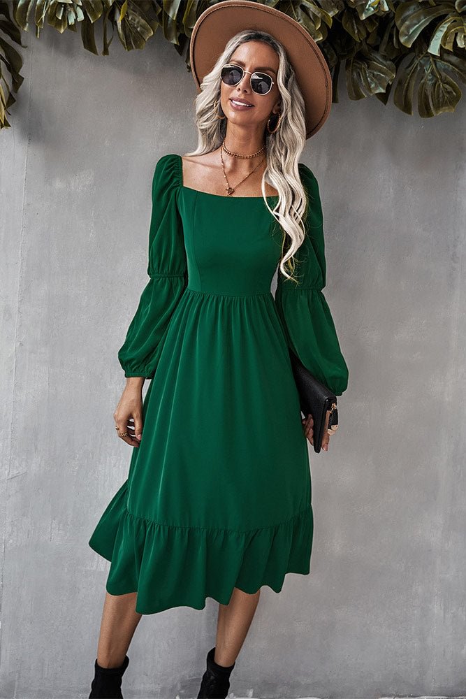 Solid Color A-line Casual Vacation Long Sleeve Dress - BlackFridayBuys