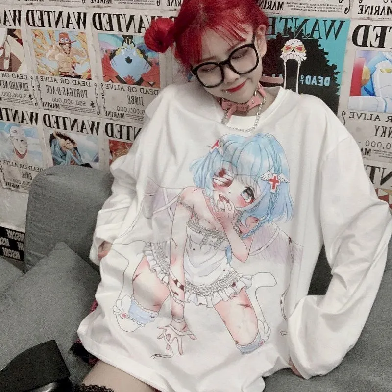 Sweet T-shirt Women Clothes Harajuku Female Harajuku Bf Wind Two-dimensional Animation Printing Loose Student White Shirt