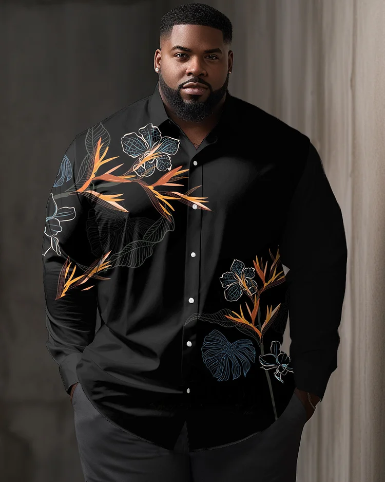 Men's Large Size Simple Flower Pattern Lapel Casual Long Sleeve Shirt