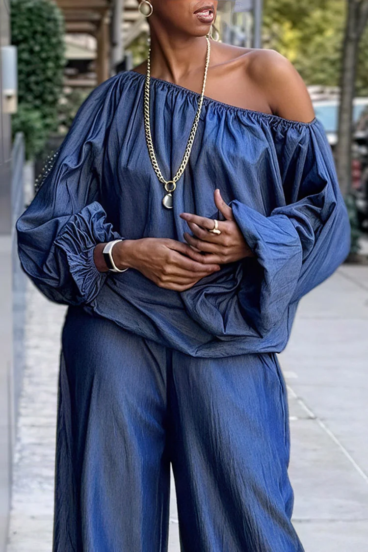Plus Size Business Casual Blue Oblique Collar Long Sleeve Pocket Casual Wide Leg Tencel Denim Two Piece Pant Sets [Pre-Order]