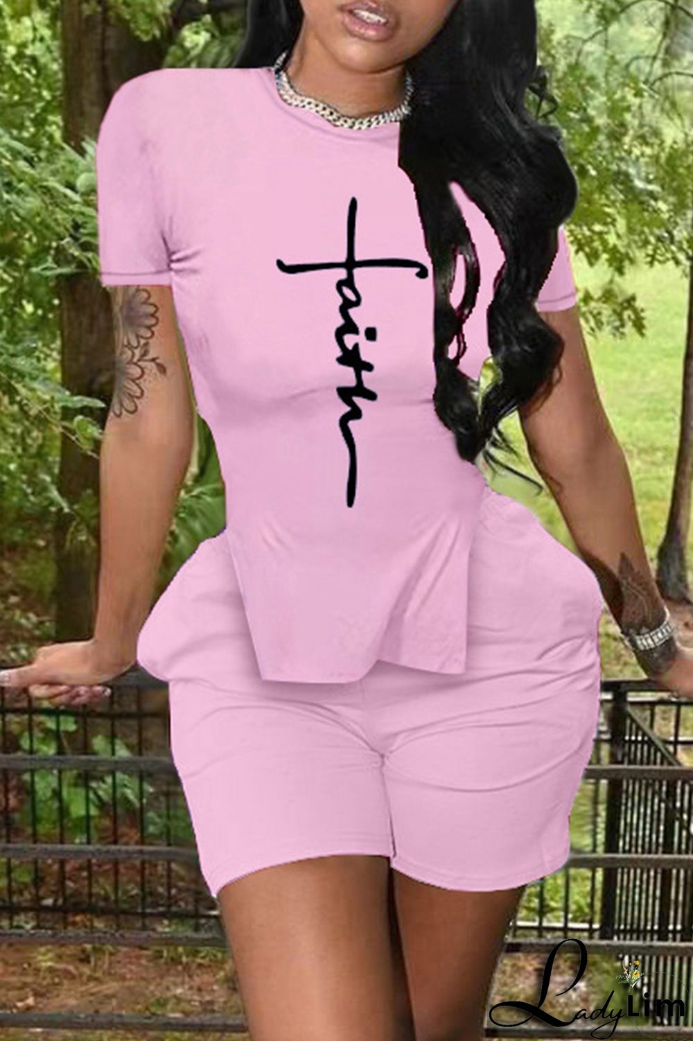 Black Fashion Casual Print Slit O Neck Short Sleeve Two Pieces