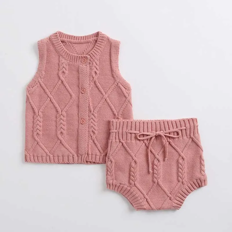 2019 Autumn Pink Knitted Suits Baby Kids Clothes Sets Sweater Girls Sets Ruffles Long Sleeve Sweater+PP Short 2Pcs Kids Suits