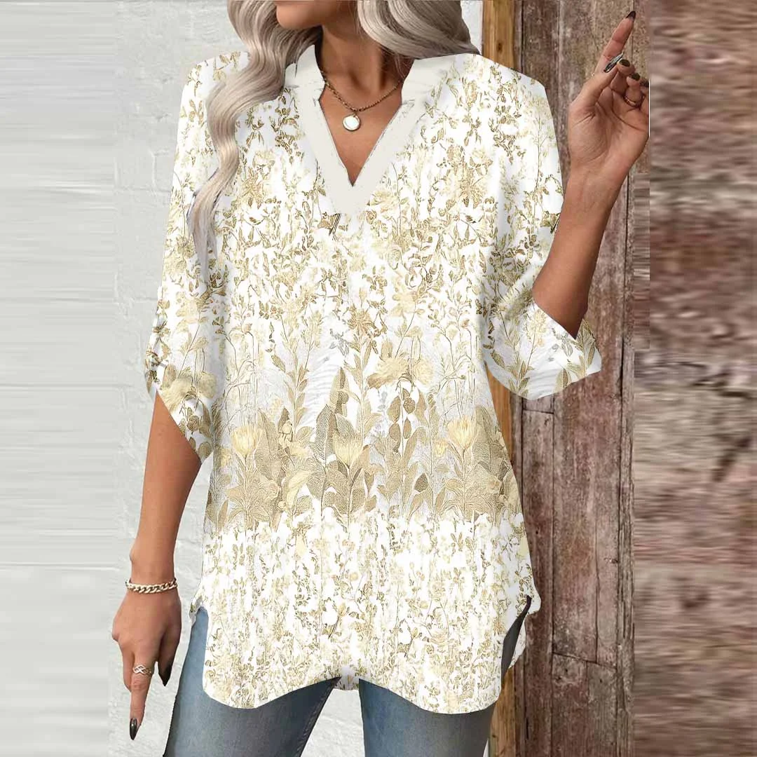 Women Floral, Green DZGA0606 3/4 Sleeve V-neck Printed Graphic Button Tops
