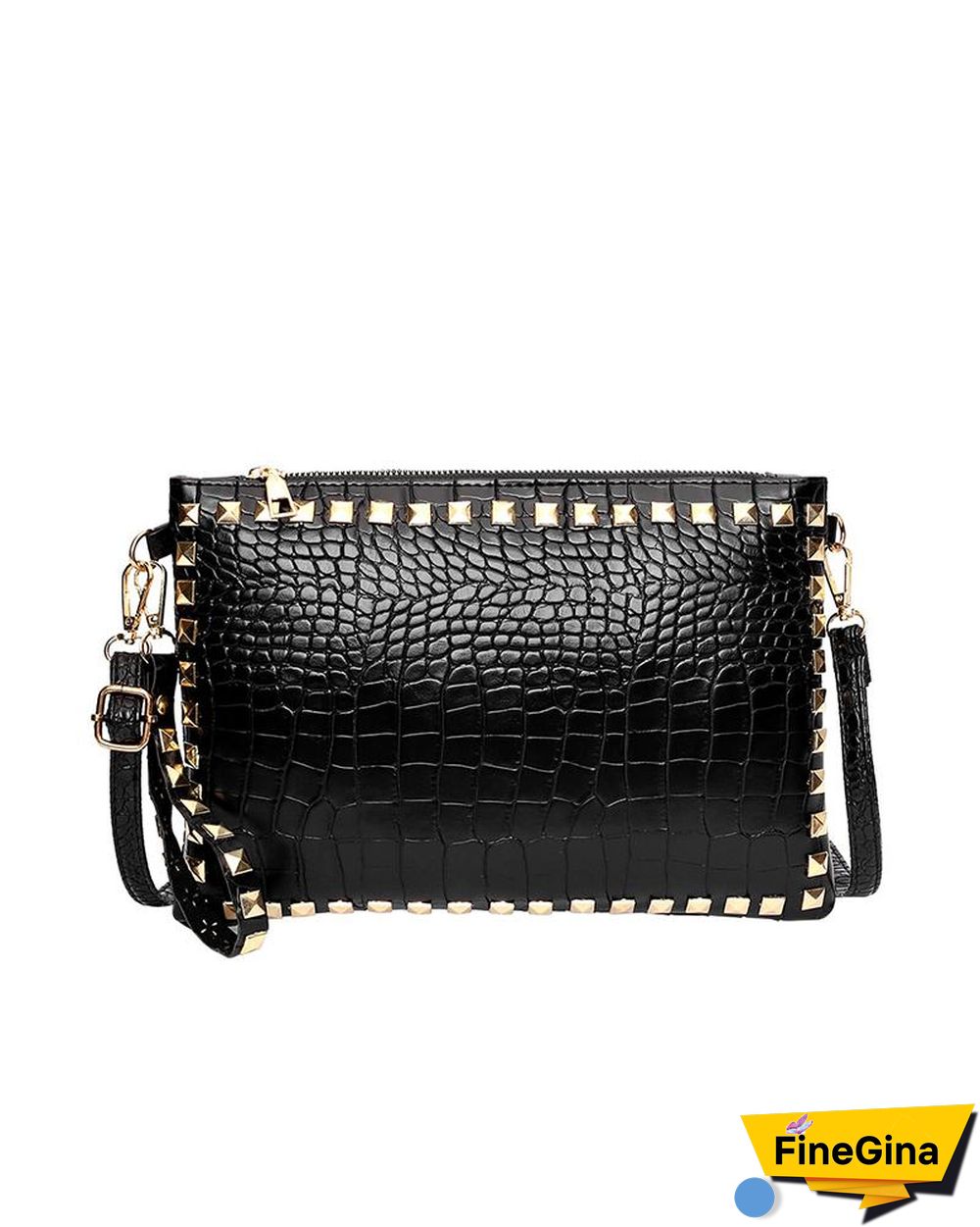 Rivet Decor Croc Embossed Clutch Bag With Wristlet