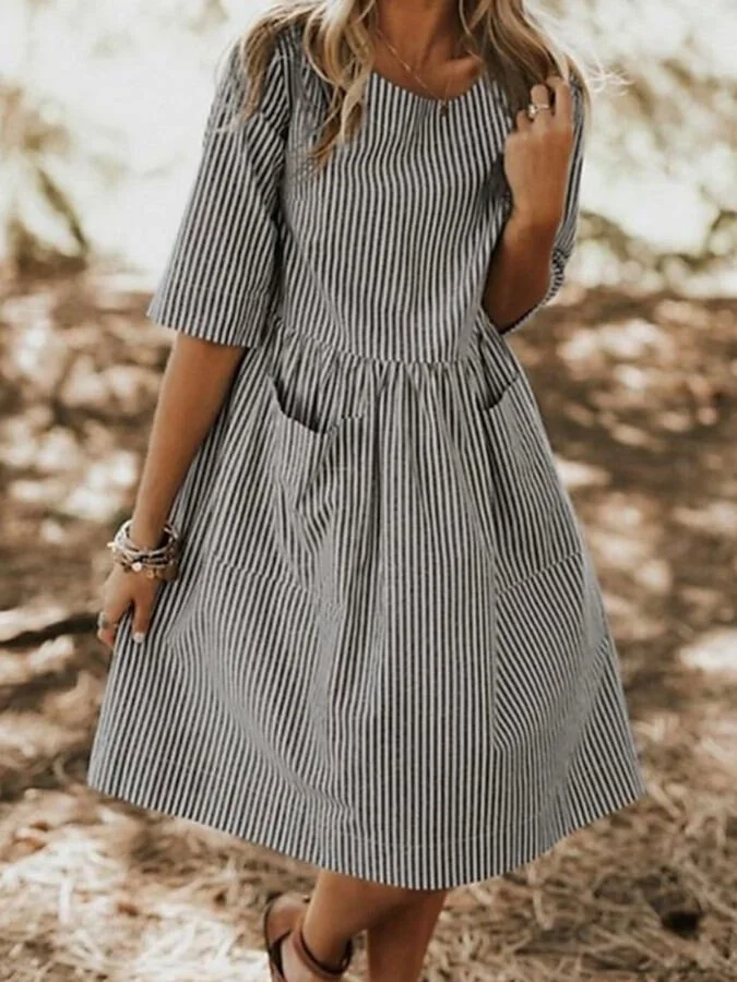 Women's Fashion Casual Cotton Linen Striped Pocket Loose Round Neck Dress-mysite