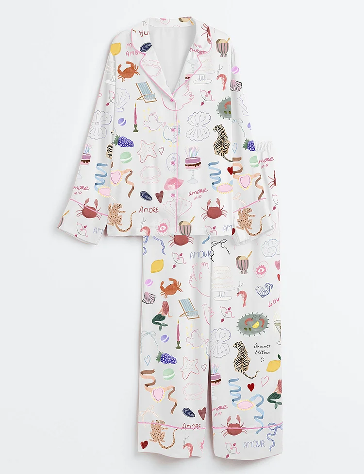 Women&rsquo;s Whimsical Hand Drawn Love Dolce Vita Italy Wedding Icons Summer Seashell Line Art Print Long Sleeve Satin Pajama Set