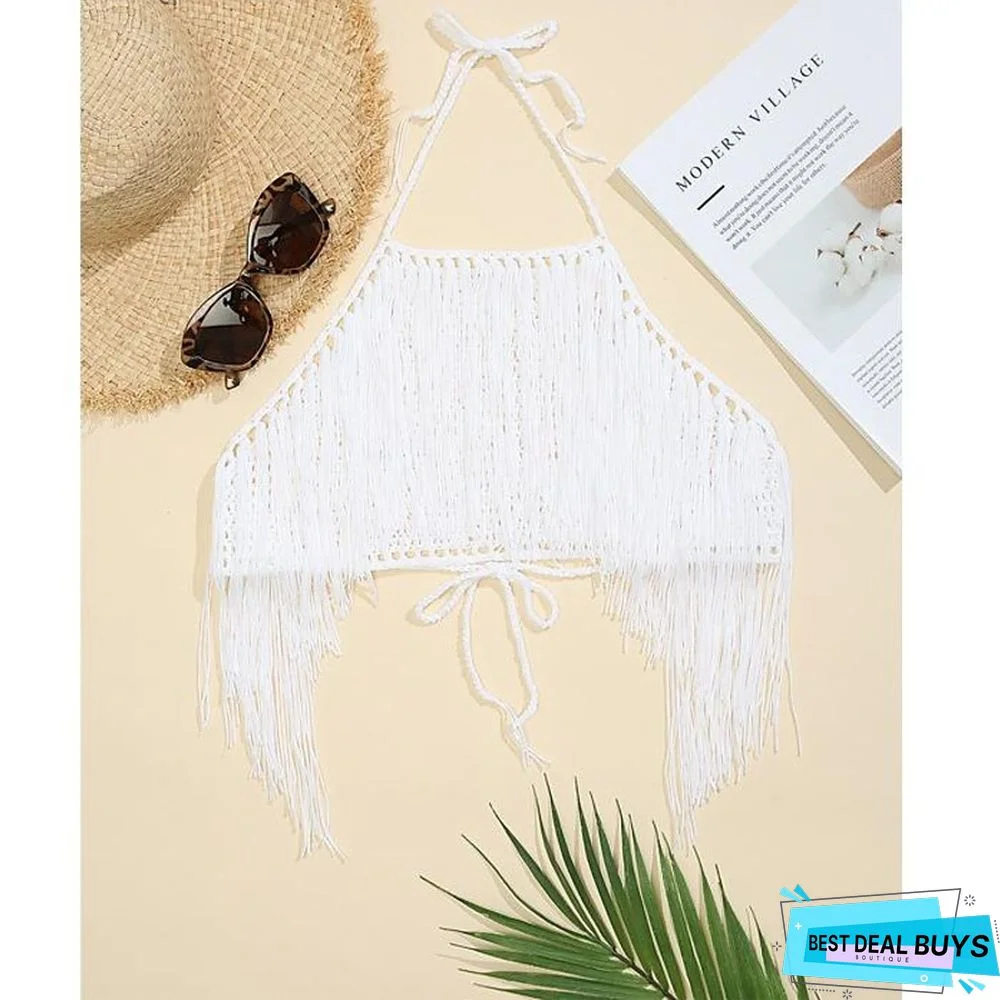 Women's Swimwear Tankini Top Normal Swimsuit Tassel Solid Color Green Lake Black White khaki Bathing Suits Sports Summer