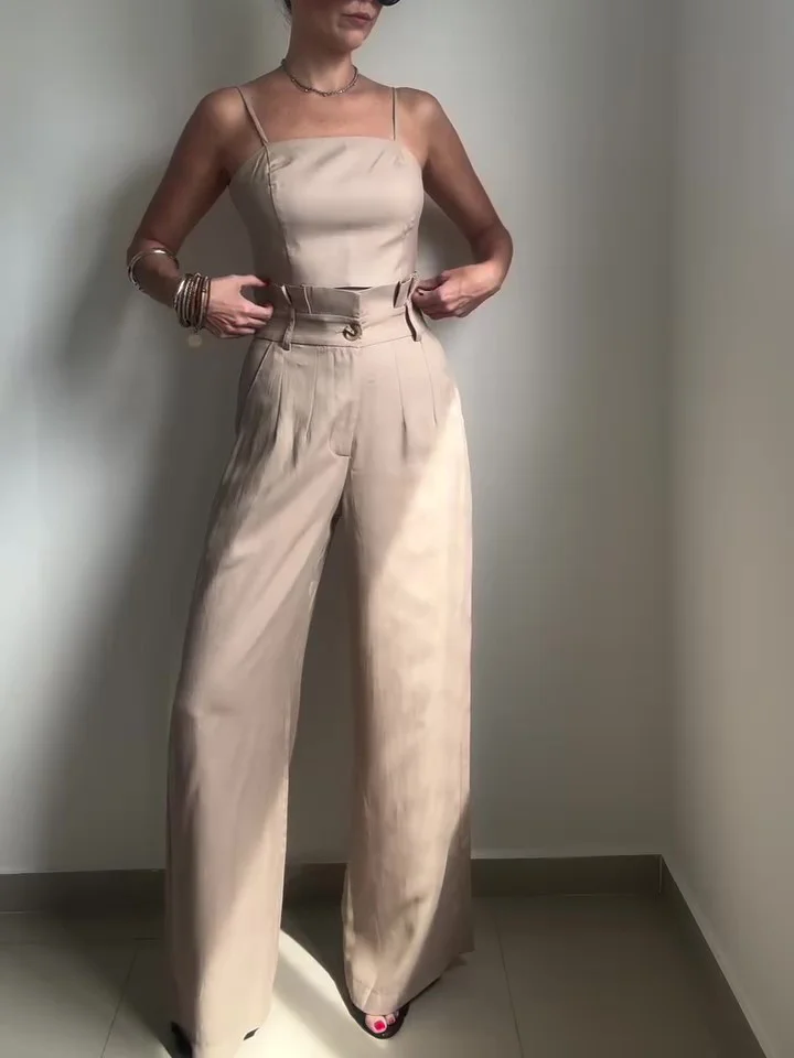 Solid Color Suspender Top & High Waist Pants Set
