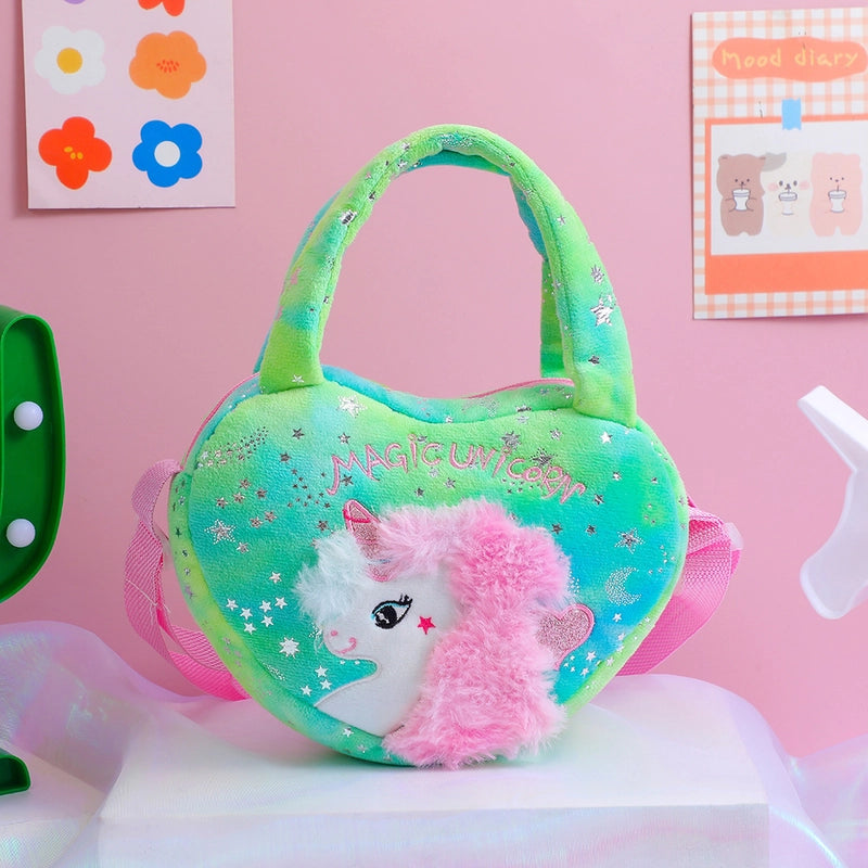 Girl’s Medium Plush Cartoon Cute Sequins Embroidery Round Heart Shape Square Zipper Handbag Crossbody Bag