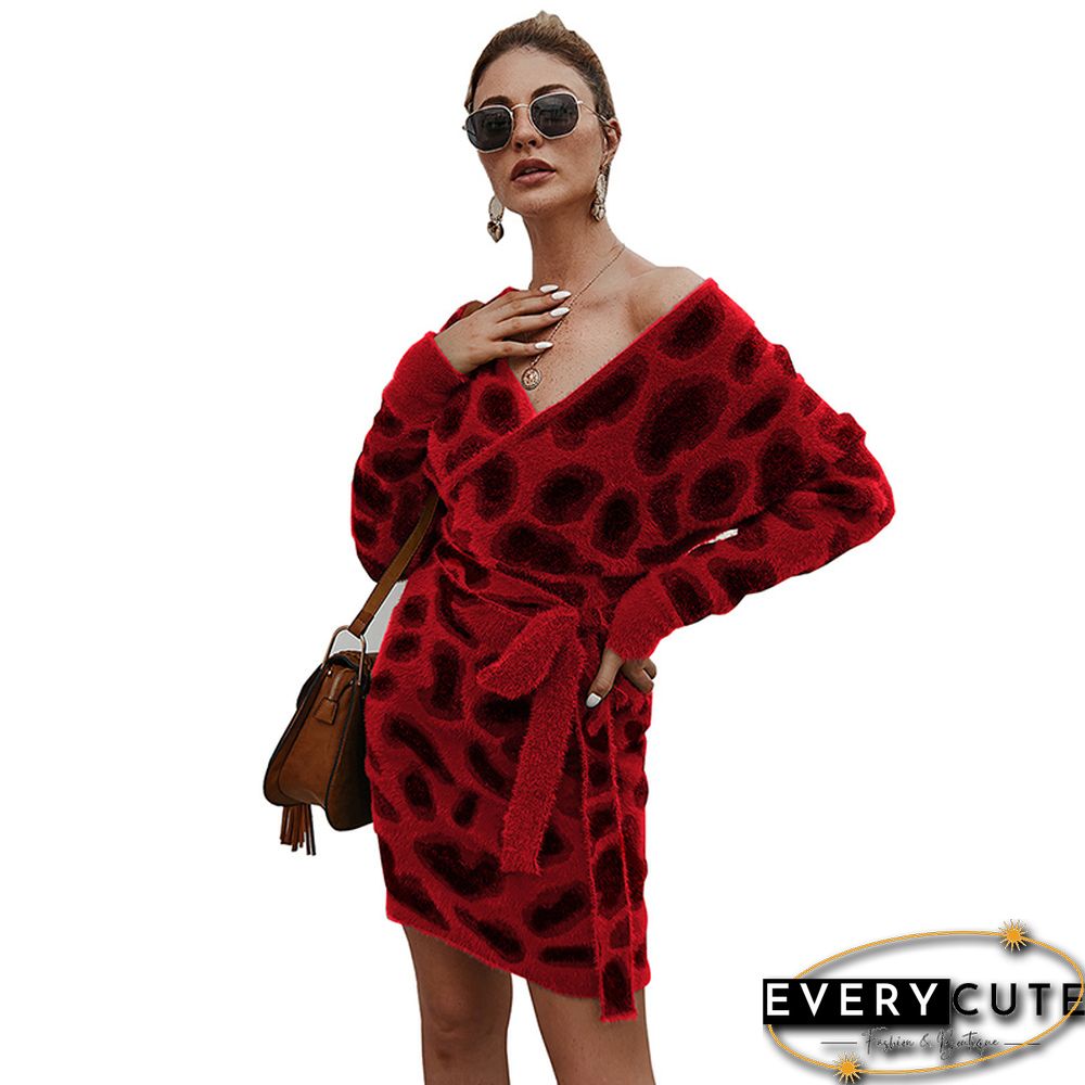 Red Leopard Print Tie Front Sweater Dress