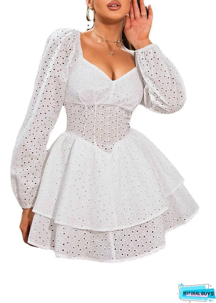 Sexy French One Shoulder Hollow Bubble Sleeve Short Dress