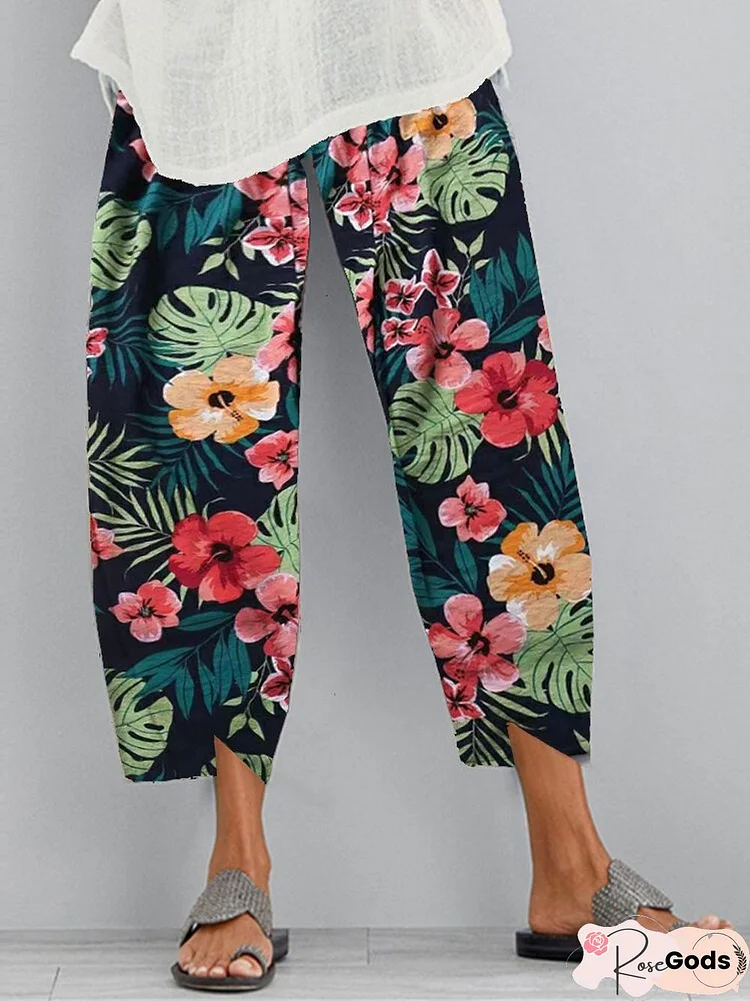 Casual Floral Cotton-Blend Pants