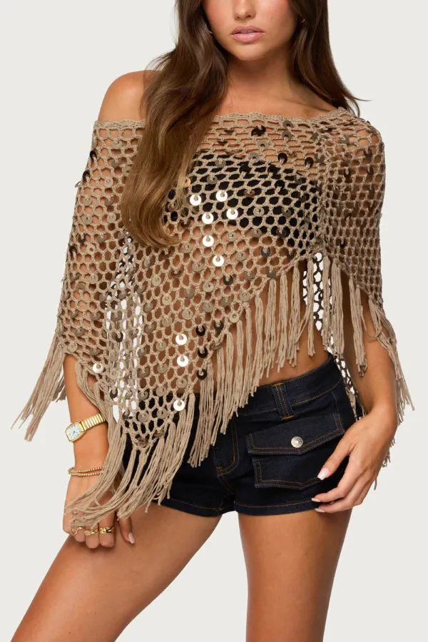 Fashionable Sequined Openwork Woven Tassel Resort Cape