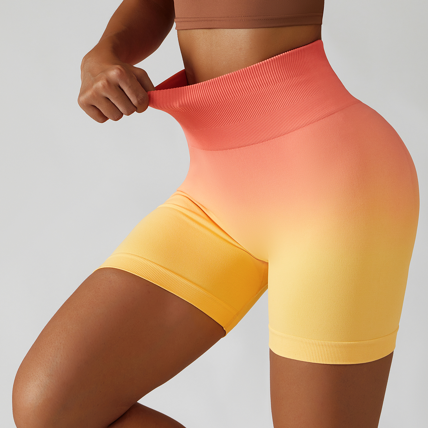 Different types of high rise ruched butt stretchable squat proof ombre seamless sports yoga gym shorts with tummy control online shopping on Hergymclothing Rose Yellow