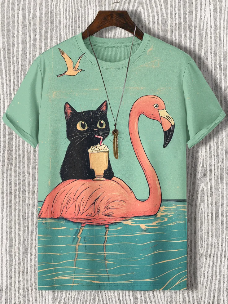 Men's Black Cat And Flamingo Art Print T-Shirt