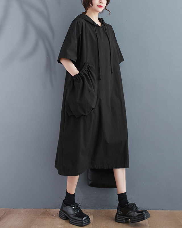 Short Sleeve Ruched Pockets Loose Hooded Dress