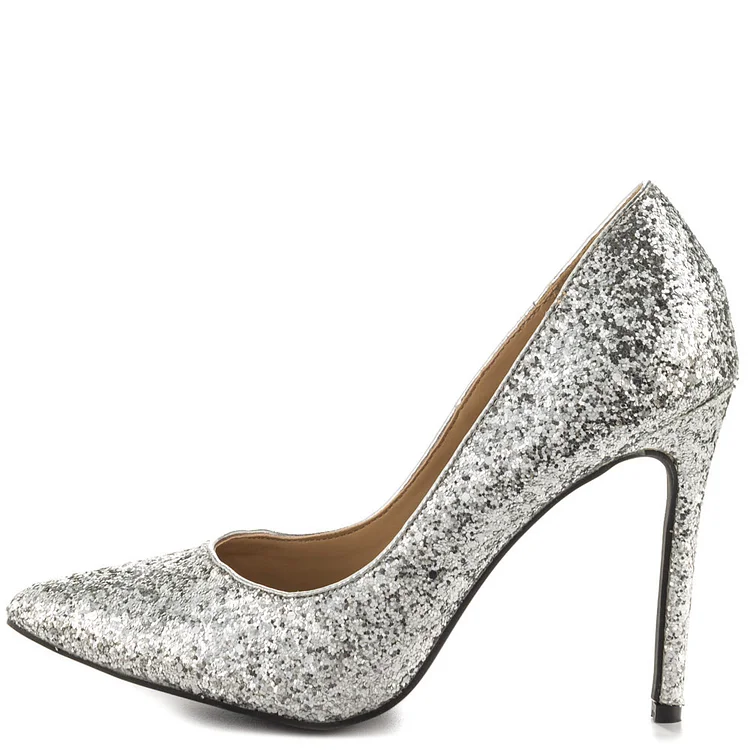 Silver Glitter Shoes Stiletto Heel Pointy Toe Sparkly Pumps |FSJ Shoes