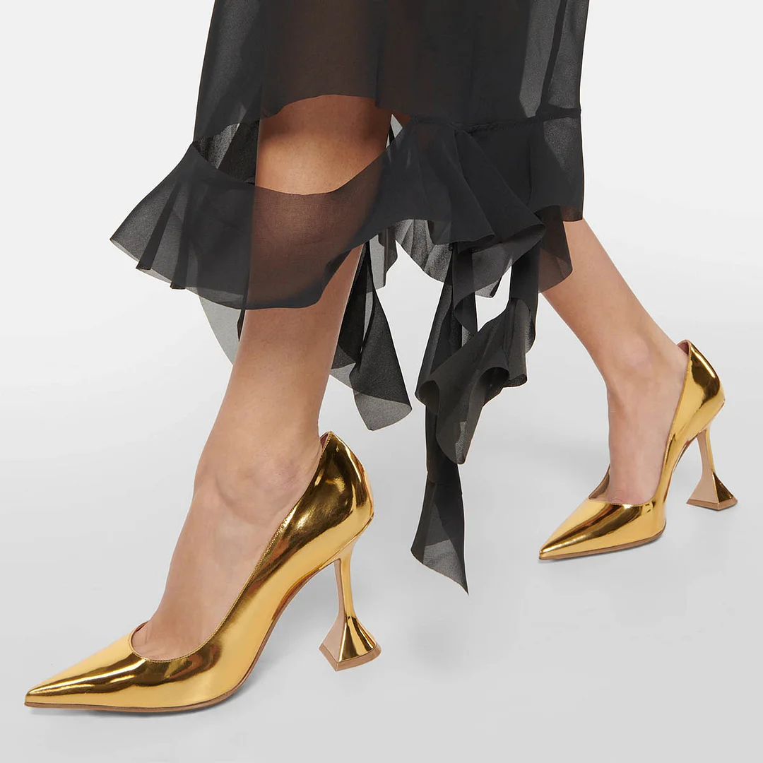 Dazzling Metallic Finish Pointed Toe Shoes Flared Heel Gold Pumps