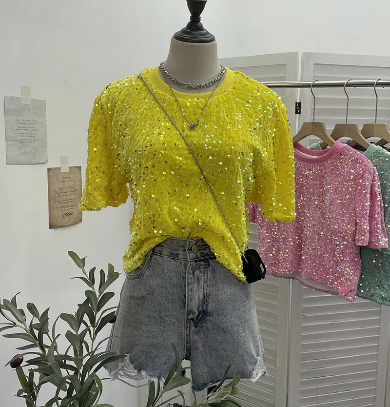 Nigikala Nigikala Sequin Short Sleeve T-Shirt 2025 Spring And Summer Korean Version Of Loose Night Club Bling Top 9088