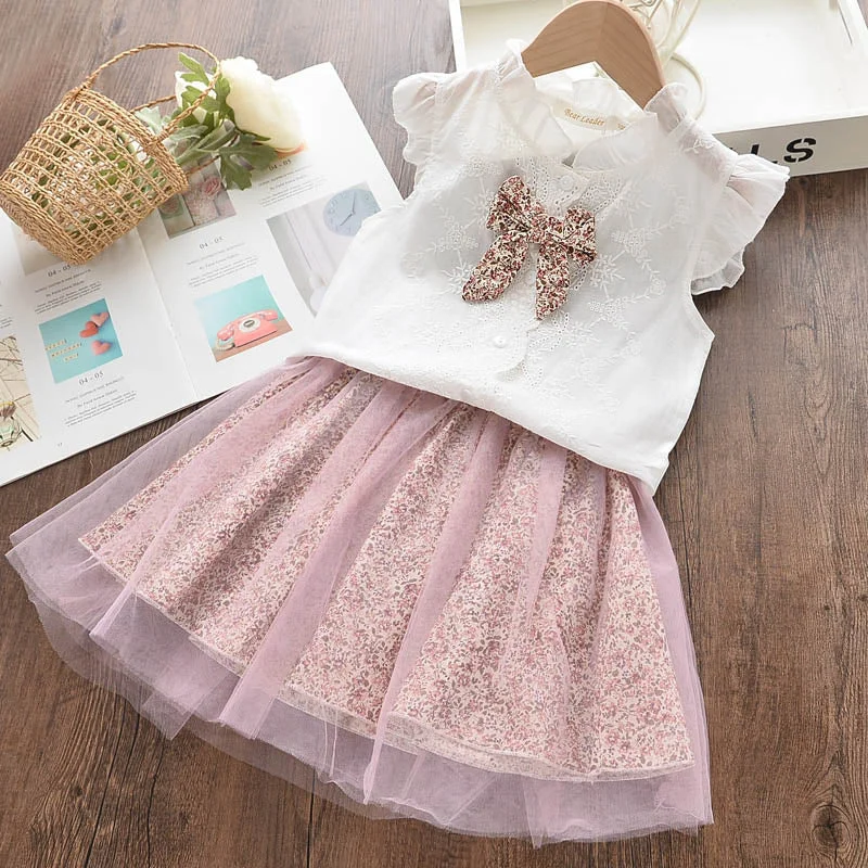 Bear Leader 2022 New Summer Kids Girls Clothes Set Fruit Parrten Short T-shirt +Bow Ball Gown Dress 2pcs Clothing Sets 3-7Y