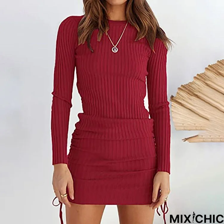 Solid Knit Gathered Slim Fit Long Sleeve Dress