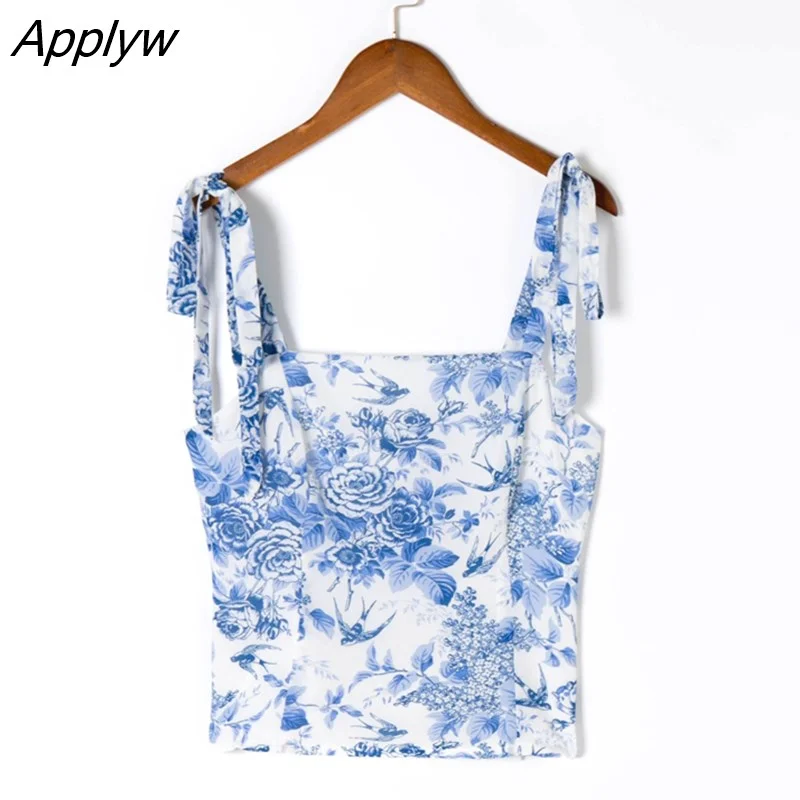 Applyw Adjust Bow Strap Blue White Floral Print Camis Women Summer Ruched Short Tank Tops Retro Cool Girl Sexy Slim Crop Top Tees